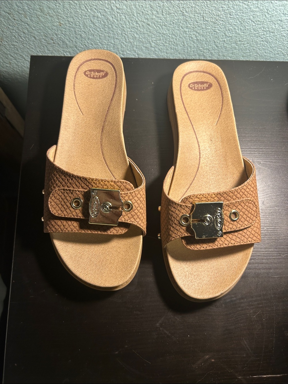Dr. Scholl's Tan Textured Slide Sandals with Gold Buckle